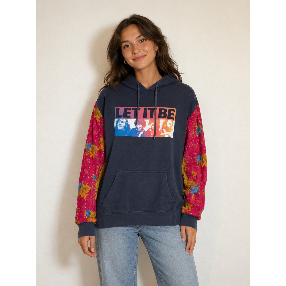 Upcycled The Beatles Let It Be Graphic Hoodie Kantha Quilted Floral Sleeves Sz L
